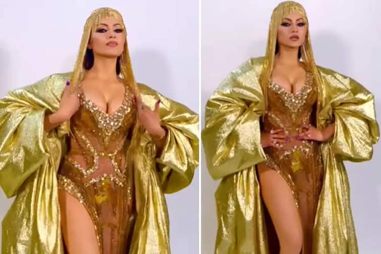 Actress urvashi rautela wore gold diamond gown at arab fashion week show બૉલીવુડ એક્ટ્રેસે આરબ ફેશન વીકમાં 40 કરોડનું ગાઉન પહેરીને બધાને ચોંકાવ્યા, જુઓ તસવીરો.........