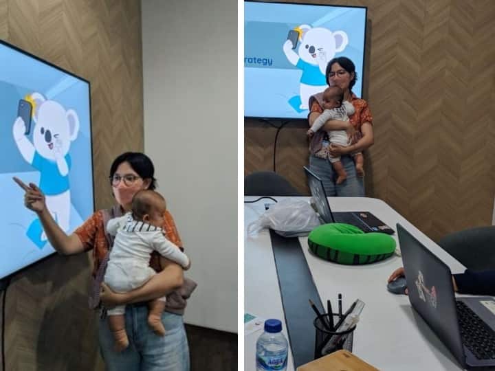 Women Gave presentation in office with baby, indonesia women image getting viral Trending News : एक हाथ से गोदी में बच्चे को संभाला, दूसरे हाथ से दिया प्रेजेंटेशन, बॉस और साथियों ने किया जज्बे को सलाम