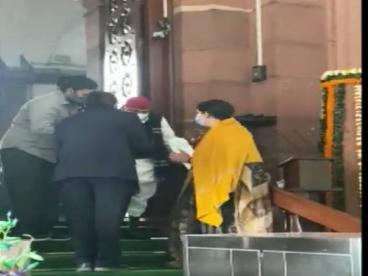 Budget Session 2022 Samajwadi Party MP Mulayam Singh Yadav blesses Union Minister Smriti Irani Mulayam Singh Yadav blesses Smriti Irani: स्मृति ईरानी ने छुए मुलायम सिंह यादव के पैर, सपा नेता ने दिया आशीर्वाद, Video