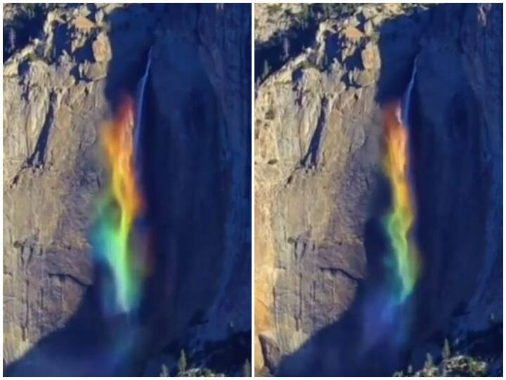 Amazing shade of rainbow seen on the falling water of the waterfall Ever seen a Rainbow waterfall Watch: झरने के गिरते पानी पर दिखी इंद्रधनुष की अद्भुत छटा, दिलो-दिमाग पर छा जाएगा नजारा