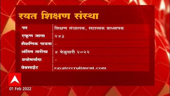 Job Majha : रयत शिक्षण संस्थेत आणि जिल्हाधिकारी कार्यालयात नोकरीच्या संधी ABP Majha