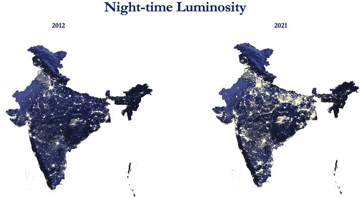 Indias satellite pictures in economic survey shows how country looked at night in 2012 and 2021 Economic Survey 2021-22: పదేళ్లలో భారత్ ఇంత మారిపోయిందా.. ఈ ఫోటోలు చూడండి.. అస్సలు నమ్మలేరు!