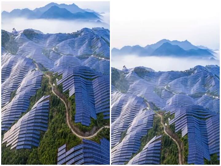 solar panels seen like a sheet on Taihang mountain in China huge solar park going viral on social media  Watch: सोशल मीडिया पर वायरल हो रहा चीन का विशाल सोलर पार्क, ताइयांग पर्वत पर चादर की तरह बिछे दिखे सोलर पैनल