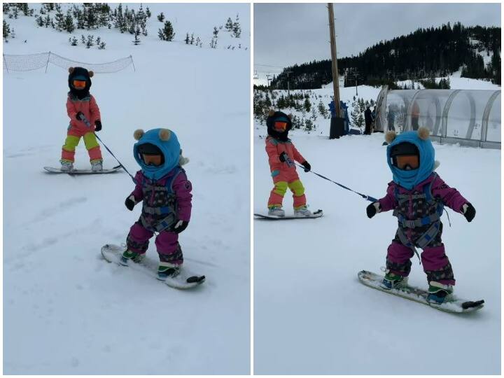 1 year old girl learning snowboarding  her elder sister will stun the video Watch: 1 साल की बच्ची को स्नोबोर्डिंग सीखा रही उसकी बड़ी बहन, वीडियो कर देगा दंग