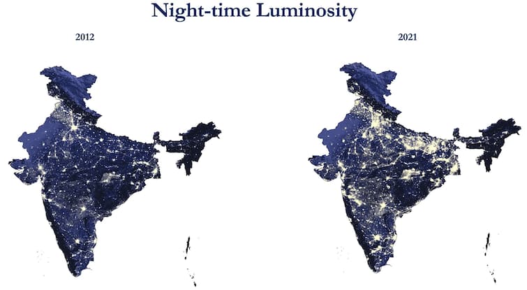 Modi government shares satellite pictures of India shining at night, comparing 2012 and 2021 મોદી સરકારે 2012 અને 2021ની સરખામણી કરીને રાત્રે ચમકતા ભારતની સેટેલાઇટ તસવીરો શેર કરી