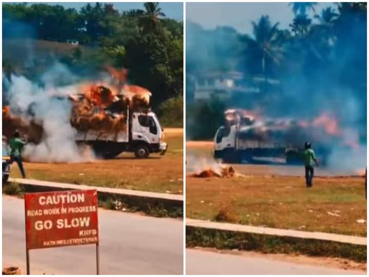 Shaji Varghese courage extinguished the fire in a truck loaded with straw in Kerala Watch: केरल में पुआल से भरी ट्रक में लगी आग, शख्स की जांबाजी ने बड़े हादसे को टाला