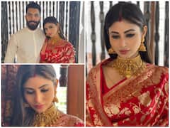 IN PICS: Mouni Roy-Suraj Nambiar Post Wedding Festivities- Naagin Actress Glows In Red Benarasi Silk Saree While Flaunting Sindoor & Heavy Jewellery