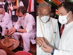 Bastar Dome Exhibition: रायपुर में कुम्हार के साथ मिट्टी के बर्तन बनाते दिखे Rahul Gandhi, देखिए तस्वीरें