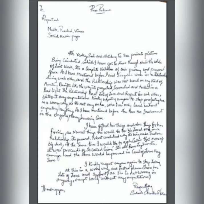 Sukesh Chandrasekhar’s Handwritten Note Defending Jacqueline Fernandez Goes Viral