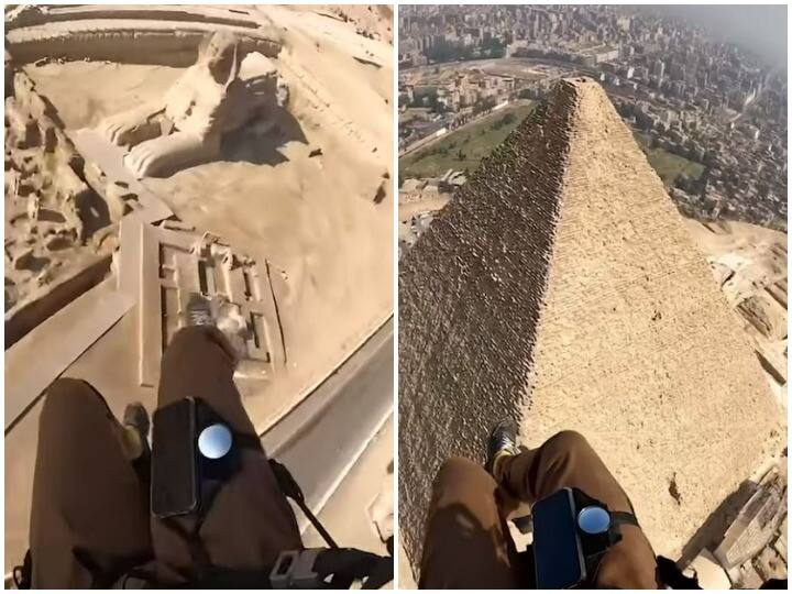 Man gliding on the paramotor was seen touching pyramid with his feet  Watch: पैरामोटर पर ग्लाइड कर पिरामिड को पैर से छूता दिखा शख्स, दंग रह गए यूजर्स