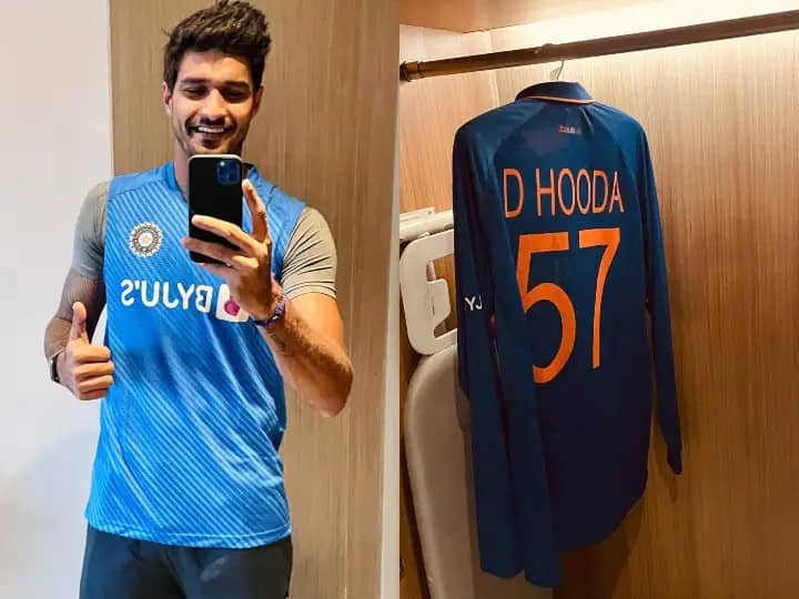 ind vs wi deepak hooda share photo with team india jersey ahmedabad IND vs WI : टीम इंडियाची जर्सी मिळाल्यानंतर Deepak Hooda चा आनंद गगनात मावेना