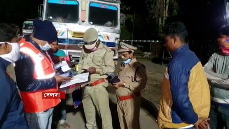 Paschim Medinipur: Cops and ARTO detained 10 trucks in charge of overloading and sand smuggling Paschim Medinipur: বালি পাচার, অতিরিক্ত পণ্য বোঝাইয়ের অভিযোগ, বেলদায় আটক ১০টি লরি