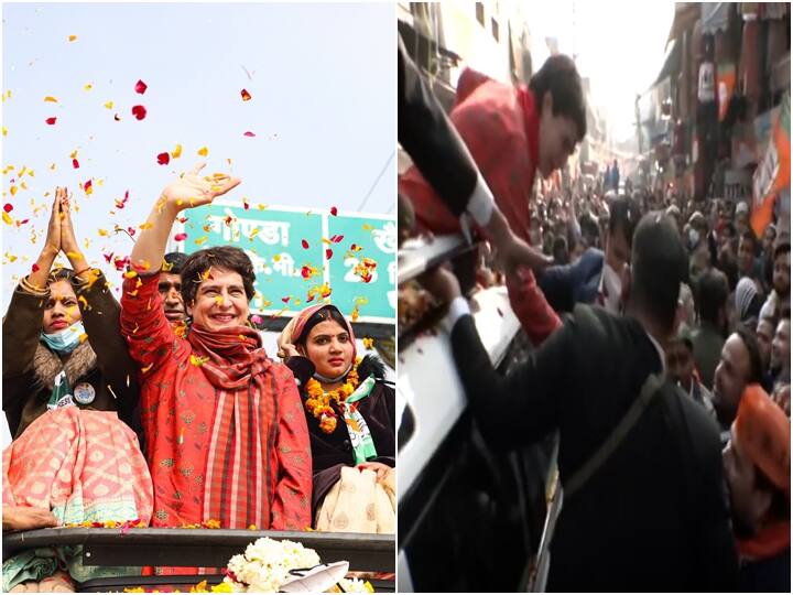 UP Election 2022: Priyanka Gandhi Shakes Hands With BJP Workers Amid Slogans For Narendra Modi and Yogi Adityanath, Hands Congress Manifesto Watch Video UP: Priyanka Shakes Hands With BJP Workers Amid Slogans For Modi & Yogi, Hands Cong Manifesto (WATCH)