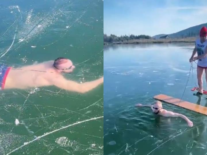 Man swims under frozen lake, stunt was filmed in Slovakia video viral Watch: जमी हुई झील के नीचे आदमी ने किया Stunt, वीडियो देखकर उड़ जाएंगे होश