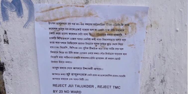 North 24 Parganas Ashoknagar Posters agaist TMC Candidate Leader gets into protest despite having vote ticket North 24 Parganas News : প্রার্থীর বিরুদ্ধে পোস্টার, টিকিট পেয়েও বিক্ষোভে তৃণমূল নেত্রী, অশোকনগরে প্রকাশ্যে শাসকের অস্বস্তি