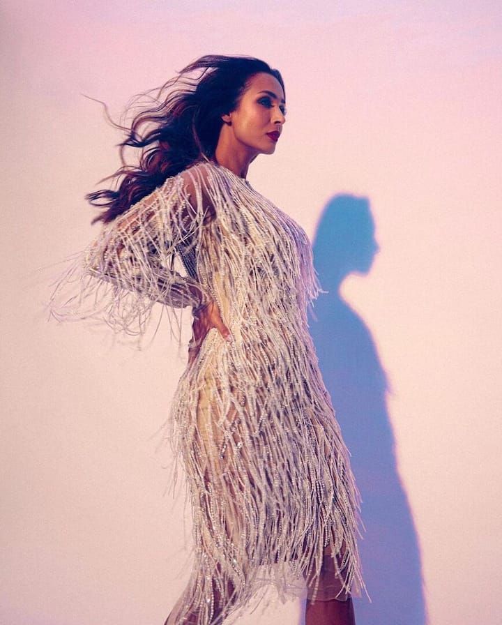 Malaika Arora looks lovely in her off-white ensemble. She is wearing the outfit by Yas Couture and Elie Madi. (Image: Instagram/ meghnabutanihairandmakeup)