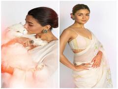 Alia Bhatt pics: பூனைக்கு முத்தம்... வெள்ளை புடவையில் விதவித கவர்ச்சி போஸ்...!
