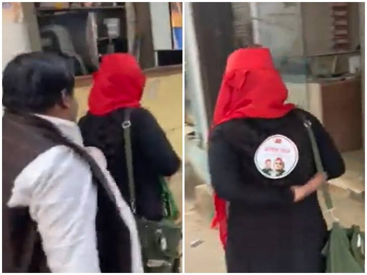 UP Assembly Election 2022 SP worker pasted sticker girl wearing hijab during campaign UP Election: सपा कार्यकर्ता ने प्रचार के दौरान हिजाब पहनी युवती पर चिपकाया स्टीकर, विवाद पर कहा- हम दोनों भाई बहन