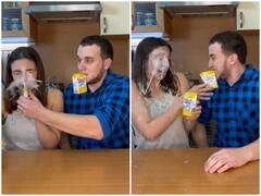 Watch: टेट्रा पैकेट से दूध पीते समय पति ने किया पत्नी से प्रैंक, मजाकिया वीडियो देख नहीं रुकेगी हंसी