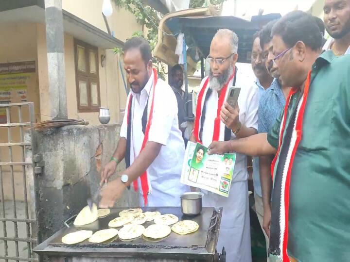 kanchipuram  Urban Local Body Election 2022 Tamilnadu admk  candidate campiagn Local body election | ஃபாஸ்ட் புட் போட்டும்; பரோட்டு சுட்டும் வாக்கு கேட்ட அதிமுக வேட்பாளர்