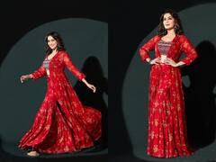 Madhuri Dixit Photos: उड़ते बाल, मस्तानी चाल...लाल सूट में कैमरा की ओर देख माधुरी दीक्षित ने मचाया बवाल!