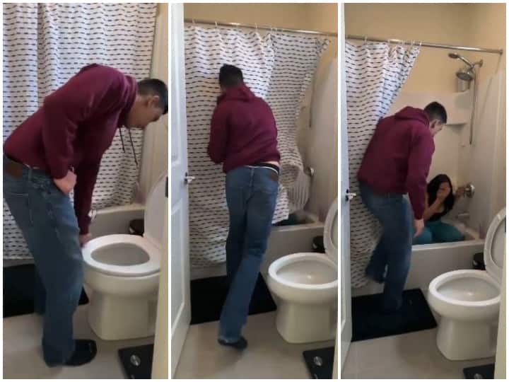 washroom prank video prank idea in washroom lady prank on men washroom Watch: वॉशरूम में प्रैंक करने छुपी महिला, लड़के ने आते ही कर दी ऐसी हालत