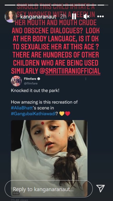 Kangana Ranaut Slams Viral Video Of Little Girl Imitating Alia Bhatt's Gangubai Kathiawadi Character: ‘Should This Child Imitate A Sex Worker'?