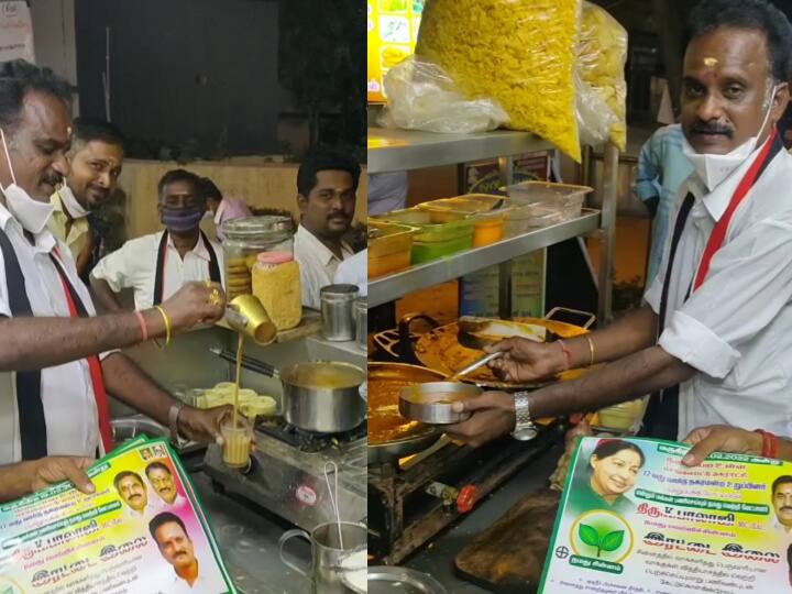 chengalpattuUrban Local Body Election 2022 Tamilnadu admk  candidate campign Local Body Election | குடிக்க டீ; சாப்பிட பானிப்பூரி - தன் கையால் செய்து கொடுத்து வாக்கு சேகரித்த வேட்பாளர்