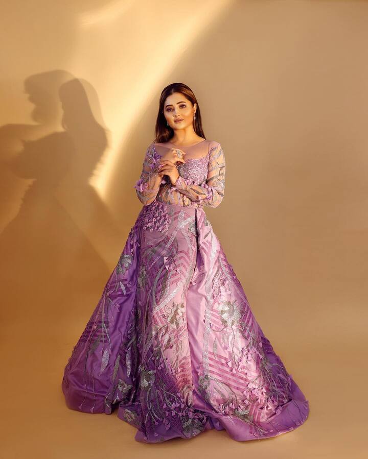 Rashami Desai, dressed in a floor-length purple gown resembles a Barbie doll. These photos of her quickly became popular on social media.