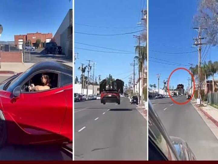 Car flying in the air Car flying Viral video best car sports car Watch: सड़क पर चलते-चलते अचानक बाज की तरह हवा में उड़ने लगी शख्स की कार, यकीन नहीं तो खुद ही देख लीजिए