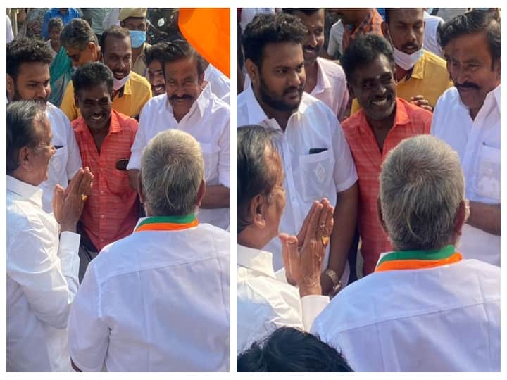 Minister Nehru and BJP senior leader H. Raja meet during the Trichy campaign பிரச்சாரத்தில் பதம் பார்த்துவிட்டு... நேரில் பரஸ்பரம் நட்பு பாராட்டிய அமைச்சர் நேரு-எச்.ராஜா!