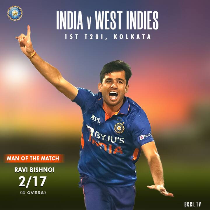 அறிமுக போட்டியிலேயே இரண்டு விக்கெட்டுகளை வீழ்த்தி அசத்திய ரவி பிஷ்னோய் ஆட்ட நாயகன் விருதை பெற்றார்.