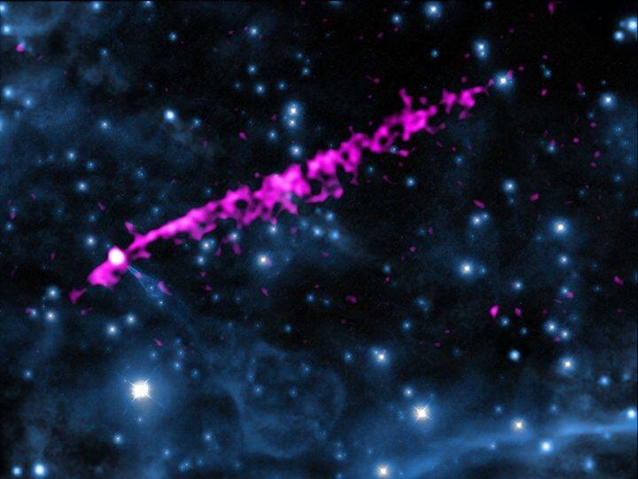 Composite image of Guitar Nebula: Astronomers have been puzzled by the alignment of some jets of X-rays coming from very fast-moving pulsars or spinning neutron stars that shoot out into interstellar space at odd, unexpected angles. PSR B2224+65 is a pulsar found near the structure nicknamed the