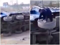 Watch: पहले गिरा ट्रक फिर ड्राइवर ने खाई पलटी, सोशल मीडिया यूजर्स बोले- 'दोनों ने पी रखी है'