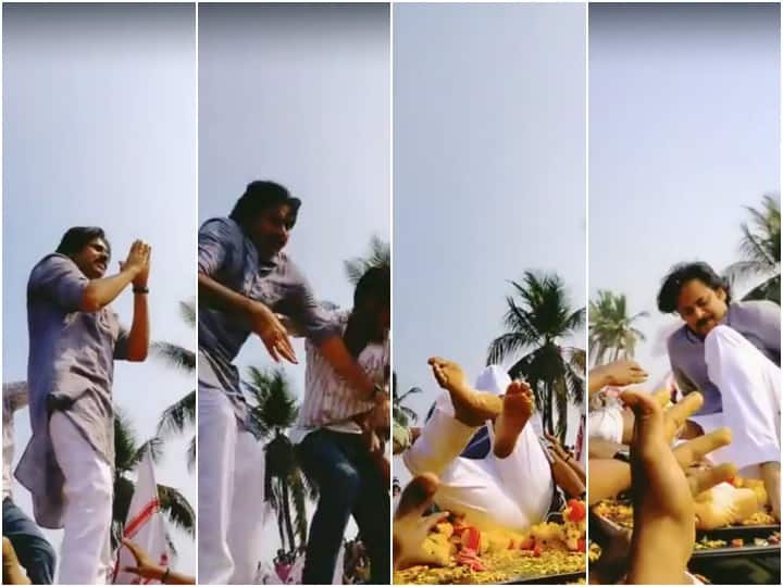 Narsapuram Janasena Fisherman Sabha Pawan kalyan fell down on car Video Viral Pawan Kalyan: పవన్ పైకి దూసుకొచ్చిన అభిమాని, కారుపై పడిపోయిన జనసేనాని