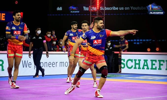 Khel Samachar pkl playoffs up yoddha beat puneri paltan eliminator-1 kabaddi pkl-8 kabaddi league 2021-22 Puneri Paltan को हराकर सेमीफाइनल में पहुंची UP Yoddha, 23 फरवरी को पटना पायरेट्स से होगा मुकाबला
