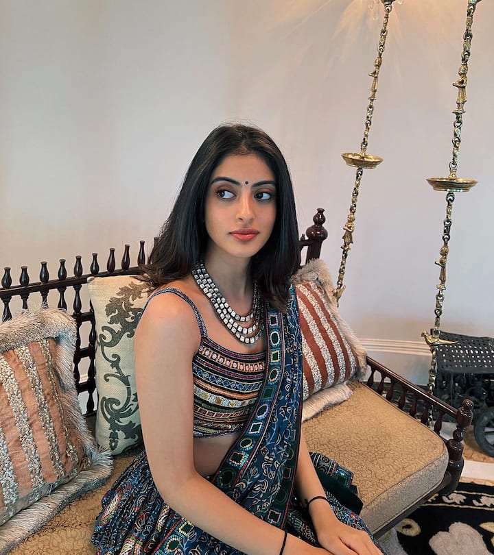 The Bachchan ladies were all decked up for Anil Ambani and Tina Ambani’s elder son Anmol Ambani's weddding. For the wedding, Navya was dressed in a beautiful printed lehenga from Abu Jani and Sandeep Khosla and she shared some solo clicks of herself on Instagram.