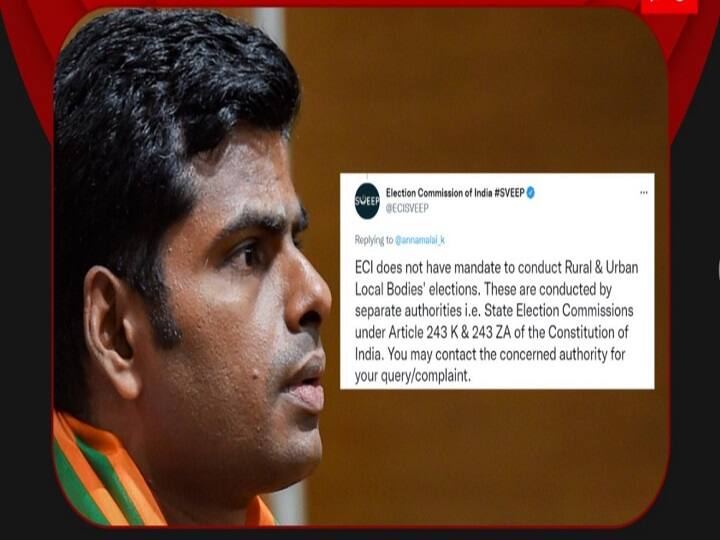 Urban Local Body Election: மாநகராட்சி தேர்தலை நடத்துவது, நாங்கள் இல்லை - அண்ணாமலைக்கு இந்திய தேர்தல் ஆணையம் பதில்.. ECI SVEEP instructs BJP state president Annamalai to lodge complaints regarding local body elections with State Election Commission Urban Local Body Election: மாநகராட்சி தேர்தலை நடத்துவது, நாங்கள் இல்லை - அண்ணாமலைக்கு இந்திய தேர்தல் ஆணையம் பதில்..