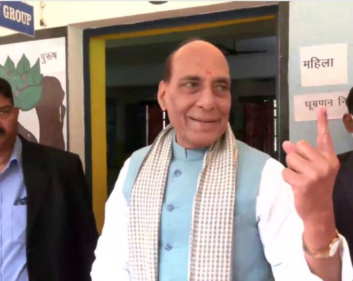 Union Defense Minister Rajnath Singh also cast his vote from Lucknow along with his family. Image: ANI