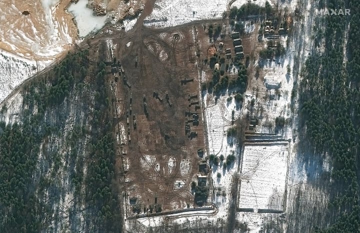 This Maxar satellite image taken and released on February 22, 2022 shows heavy equipment transporters on the western outskirts of Klintsy, Russia, approximately 40kms to the east of the border with Ukraine. (Image: AFP)
