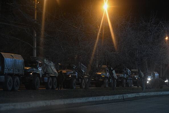 Russian military tanks and armored vehicles advance in Donetsk, Ukraine on February 24, 2022. (Getty Images)