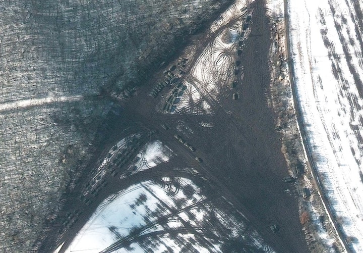 This satellite image taken and released on February 23, 2022 shows a battle group deployment in Krasnaya Yaruga, a Russian locality near the Ukraine border. (Image: AFP)