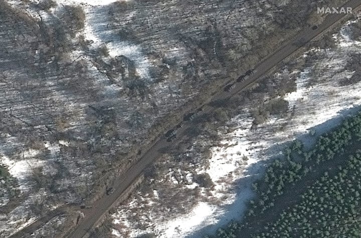 This satellite image taken and released on February 23, 2022 shows towed artillery in convoy in Golovchino. (Image: AFP)