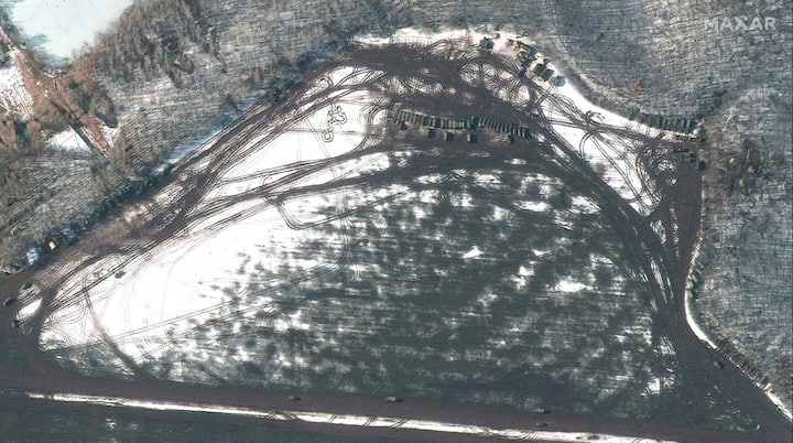 This satellite image released by Maxar Technologies shows troops and equipment deployment near Krasnaya Yaruga on February 23, 2022. (Image: AFP)