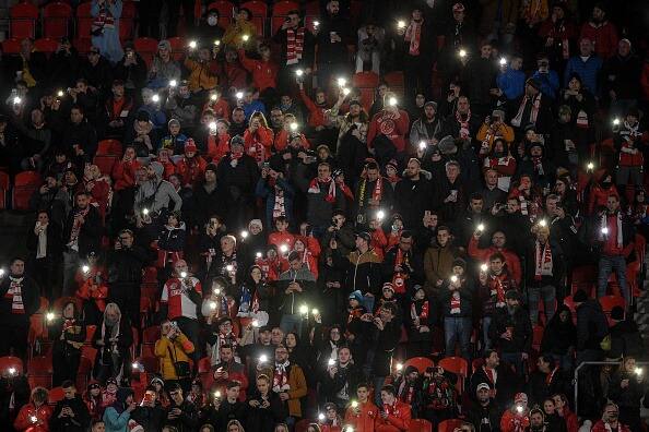 Supporters express the support of Ukraine during the UEFA Europa Conference League match between Slavia Prague and Fenerbahce at the Sinobo Stadium in Prague, Czech Republic on February 24, 2022. (Photo: Getty Images)