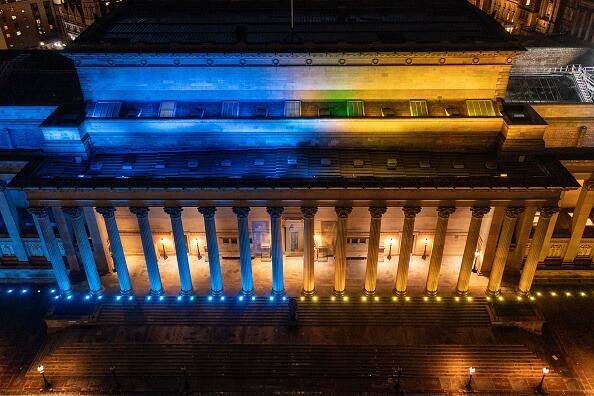 Liverpool's historic St George's Hall is illuminated in yellow and blue in support and solidarity with the people of Ukraine on February 24, 2022 in Liverpool, United Kingdom. The prime minister said he was 