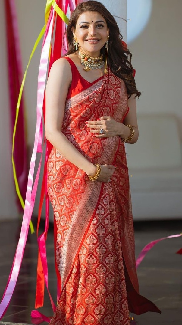 Pregnant Kajal Aggarwal Flaunts Baby Bump In Red Saree