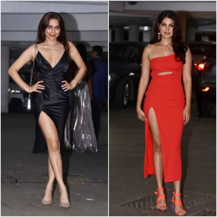 The bride's sister Anusha Dandekar and best friend Rhea Chakraborty looked stunning as they arrived for the dinner bash. Anushka adhered to the dress code, which was black colour, while Rhea grabbed attention for her siren red off-shoulder dress with a thigh-high slit.