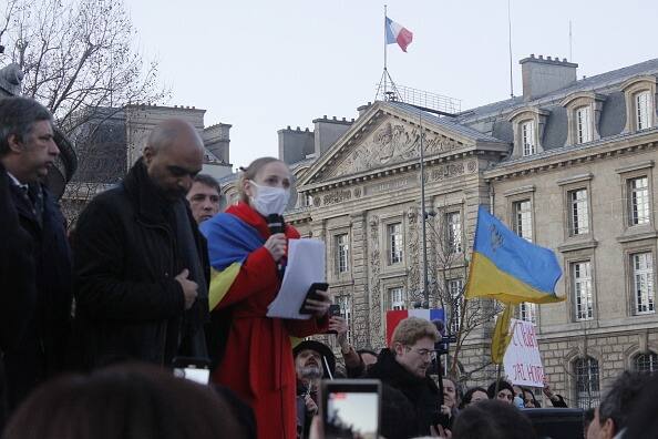 People gather during a demonstration in support of Ukraine, following Russia's military attack, on February 24, 2022, in Paris, France. (Photo: Getty Images)