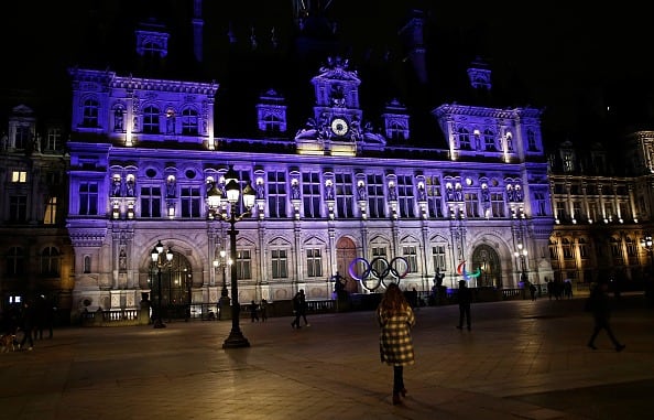 The Paris City hall is illuminated with Ukraine flag national colors in support of the Ukrainian people on February 23, 2022 in Paris, France. (Photo: Getty Images)
